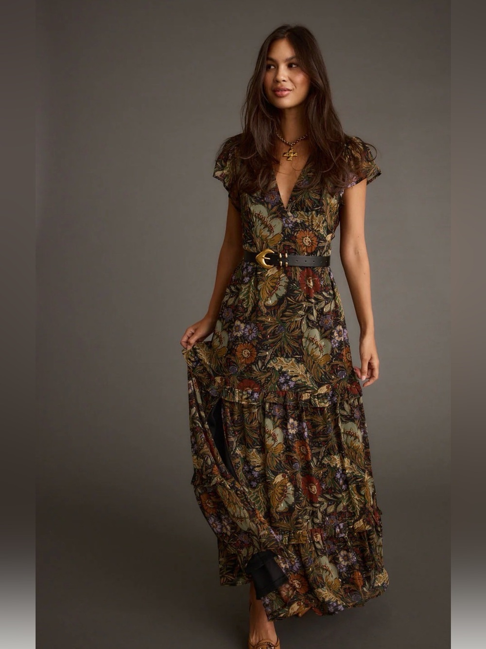 12th Tribe Bohemian Floral V-Neck Maxi Dress in Olive. PRISTINE - Picture 5 of 7